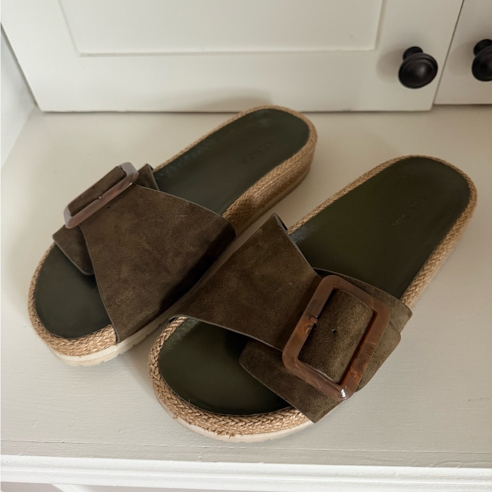 Vince Grant Olive Green Suede Espadrille Slide Sandals with Buckle